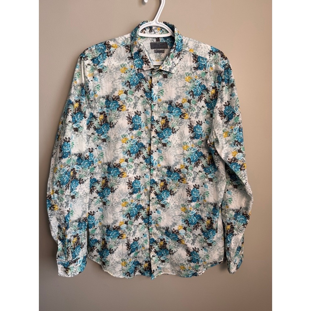 ZARA MAN Slim Fit Floral Button Up Shirt Multicolor Large Long Sleeve Retro Prep